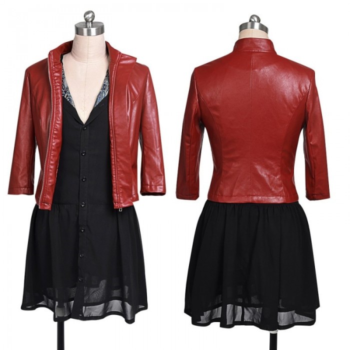 Scarlet Witch Cosplay Costume Red Leather Jacket and Black Chiffon Skirt