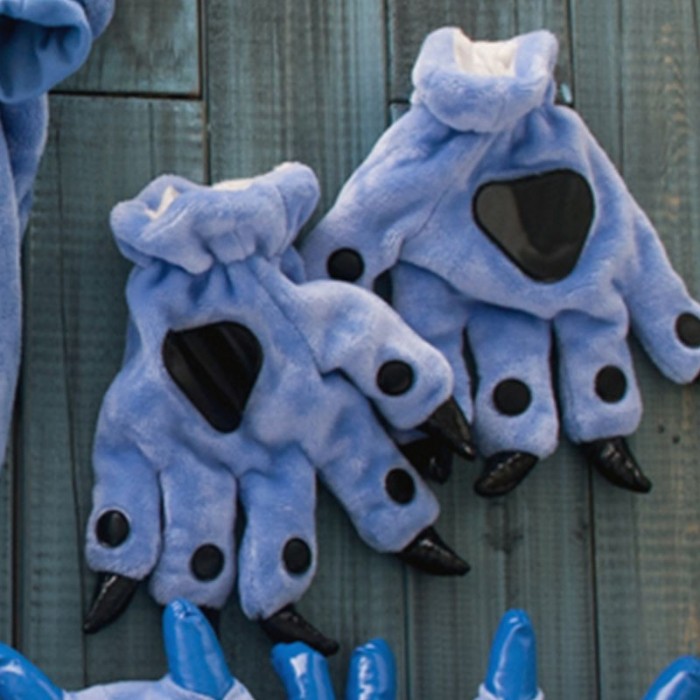Unisex Dark blue Kigurumi Unisex Onesies Animal Hands Paw Flannel Cartoon Gloves