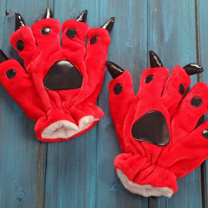 Unisex Red Kigurumi Unisex Onesies Animal Hands Paw Flannel Cartoon Gloves