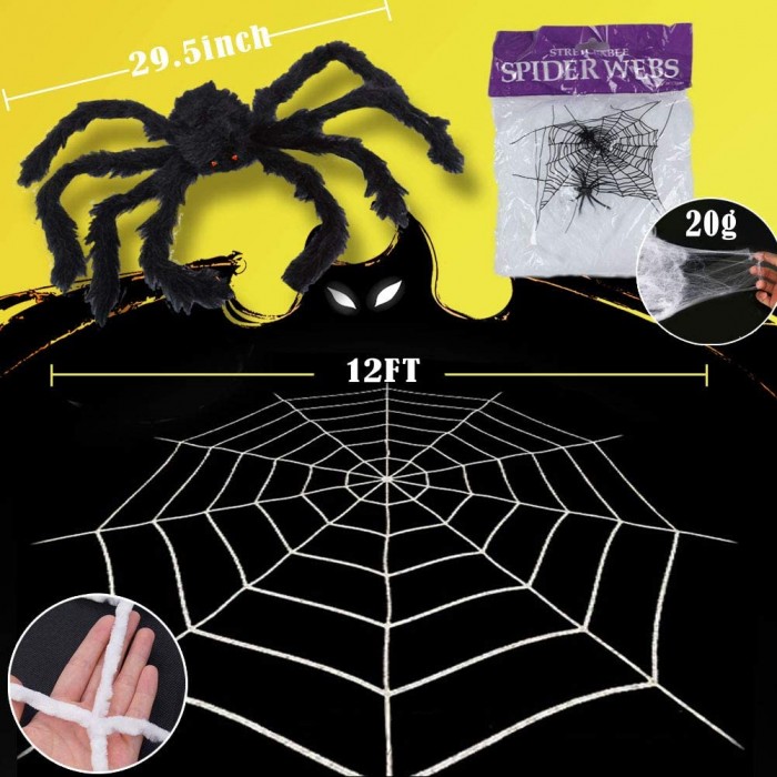 Spider Web and Fake Large Hairy Spider Props Halloween Decorations