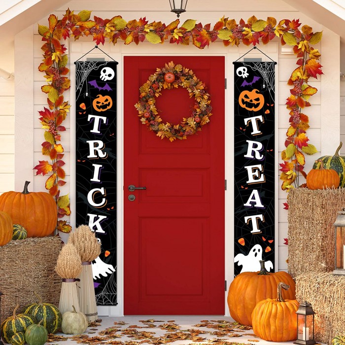 Front Door Trick or Treat Banner Hanging Halloween Porch Decorations