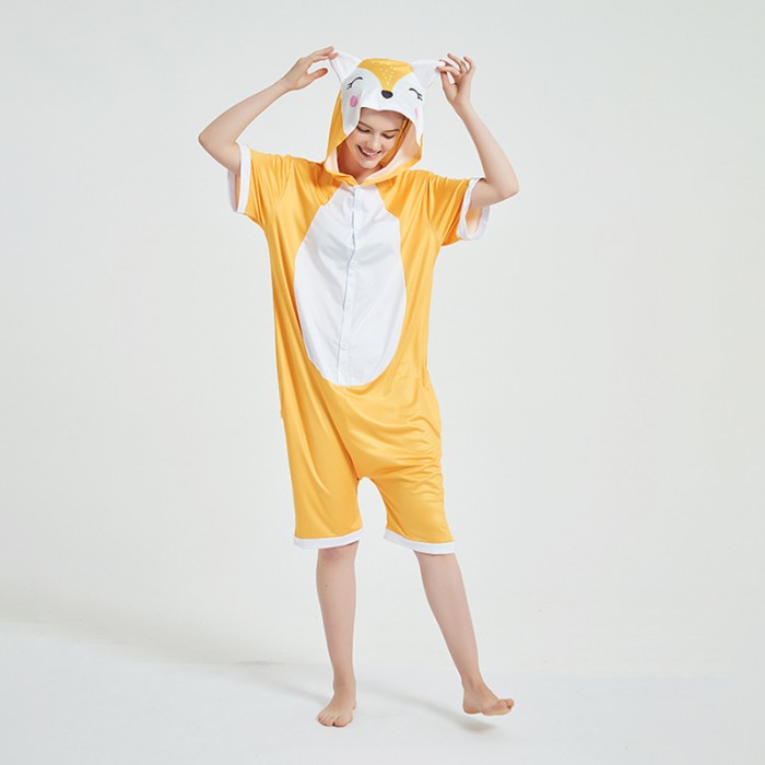 Yellow Fox Pajamas Animal Short Sleeve Onesies Hoodie Kigurumi-Kigurumi Onesie Pajama For Adult In Summer
