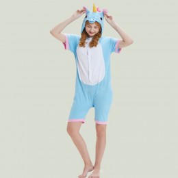 Blue Unicom Kigurumi Onesiess Short Sleeves Pajama Costume-Kigurumi Onesie Pajama For Adult In Summer