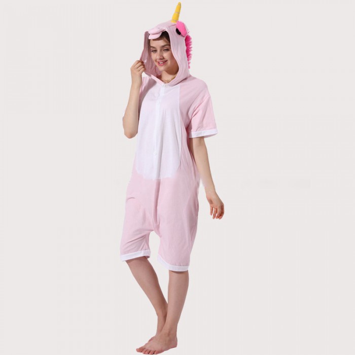 Pink Unicom Kigurumi Onesiess Short Sleeves Pajama Costume-Kigurumi Onesie Pajama For Adult In Summer