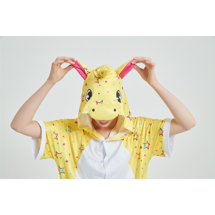 Yellow Unicom Pajamas Animal Onesies Hoodie Short Kigurumi-Kigurumi Onesie Pajama For Adult In Summer
