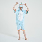 Blue Unicom Pajamas Animal Onesies Hoodie Kigurumi Short Sleeve Costume-Kigurumi Onesie Pajama For Adult In Summer