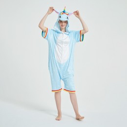 Blue Unicom Pajamas Animal Onesies Hoodie Kigurumi Short Sleeve Costume-Kigurumi Onesie Pajama For Adult In Summer