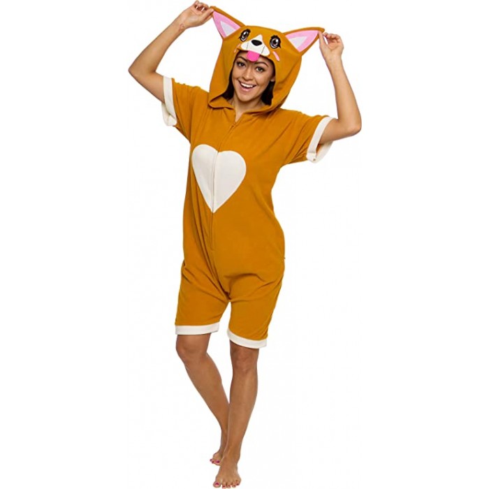 Yellow Fox Pajamas Hoodie Animal Costume Short Kigurumi-Kigurumi Onesie Pajama For Adult In Summer